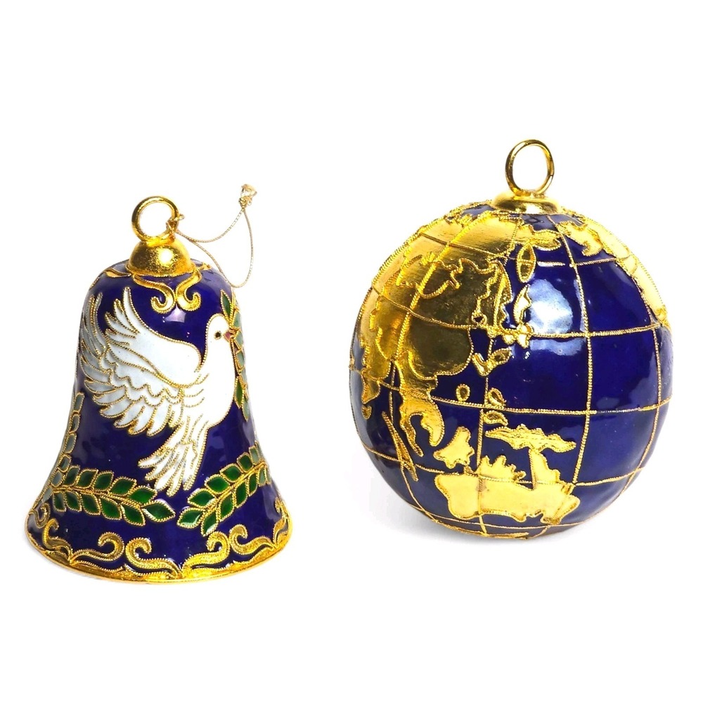 VTG Neiman Marcus Cloisonné Enameled Millennium Globe & Peace Dove Bell Ornament